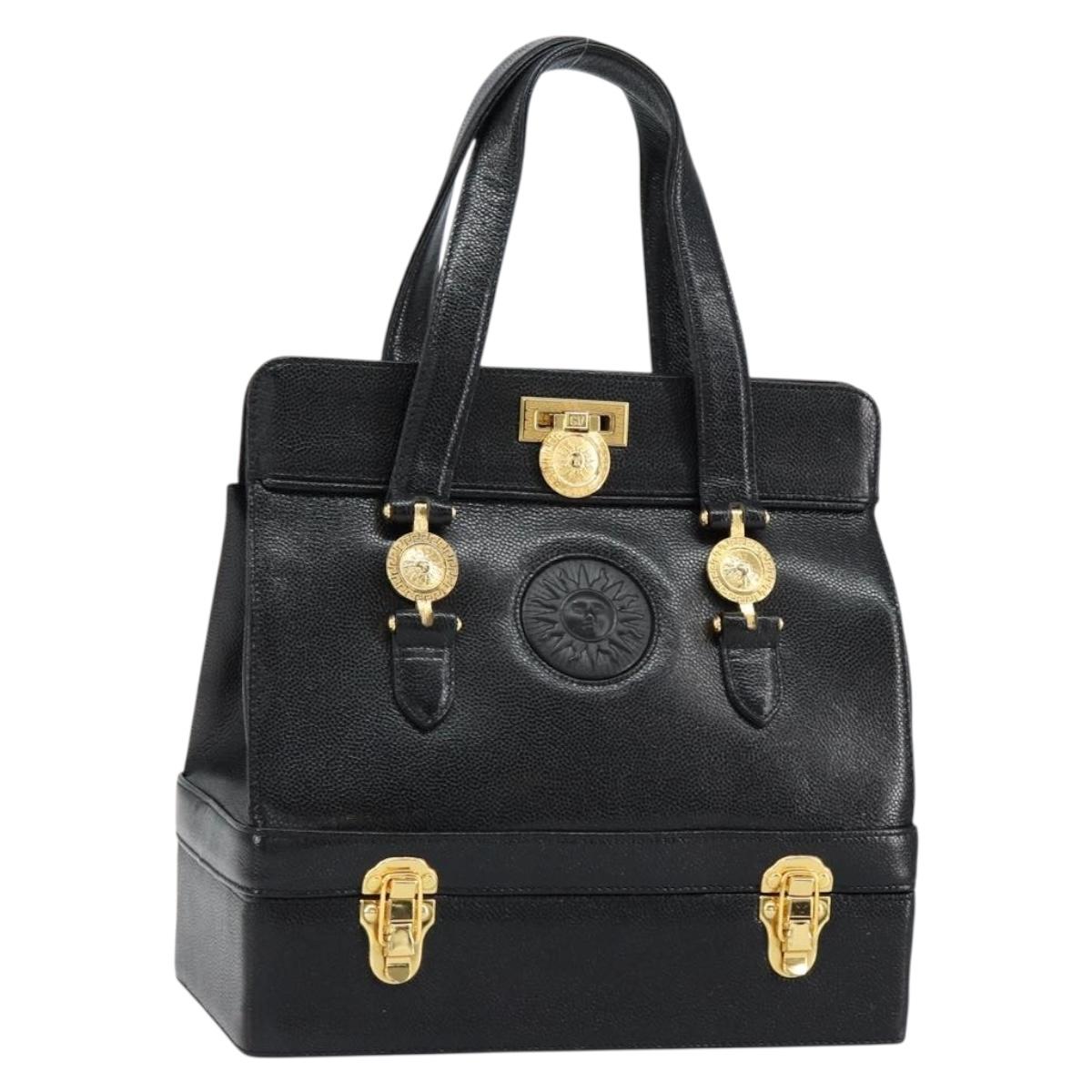 VERSACE Hand Bag Leather Black Gold Auth BA7817