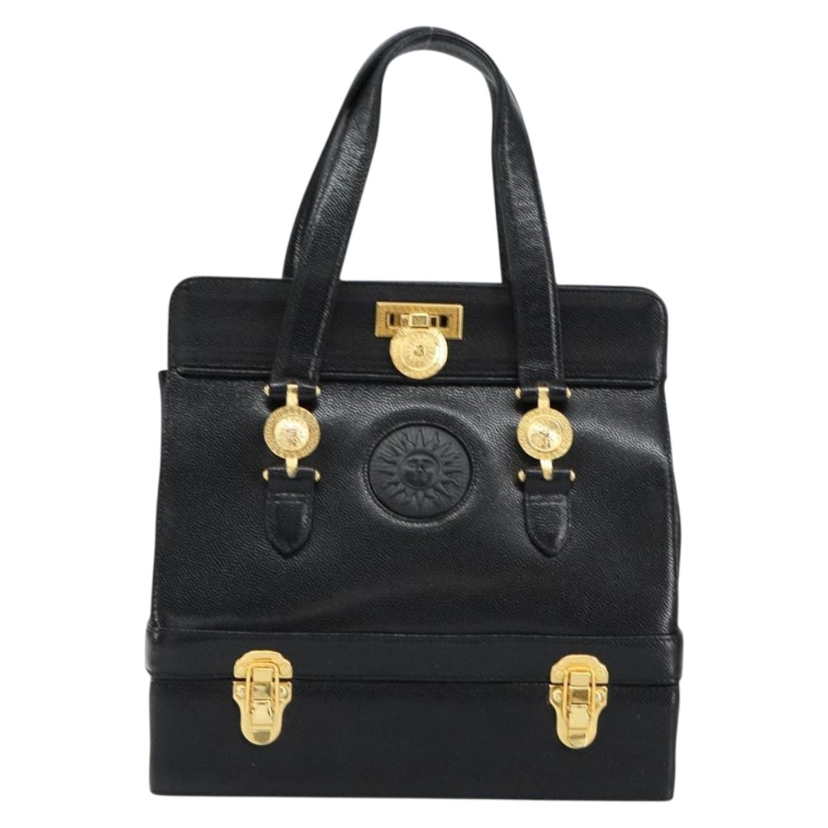 VERSACE Hand Bag Leather Black Gold Auth BA7817