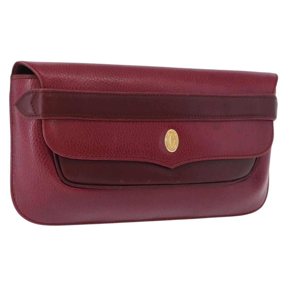 CARTIER Must Line Clutch Bag Leather Bordeaux Gold Auth BA7821