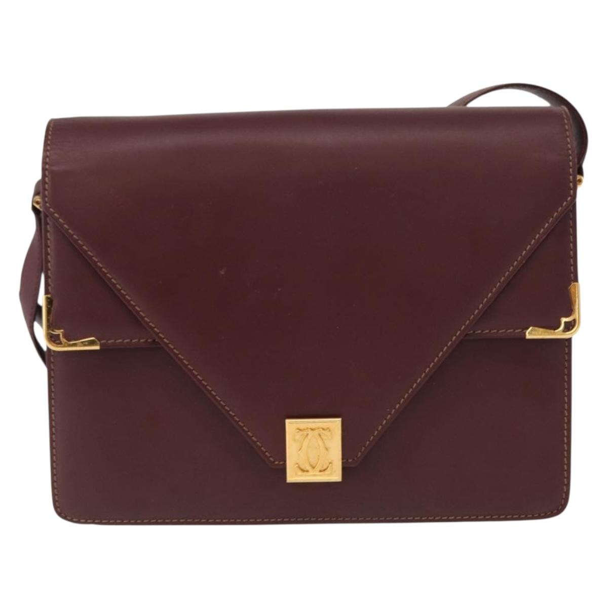 CARTIER Must Line Shoulder Bag Leather Bordeaux Gold Auth BA7823