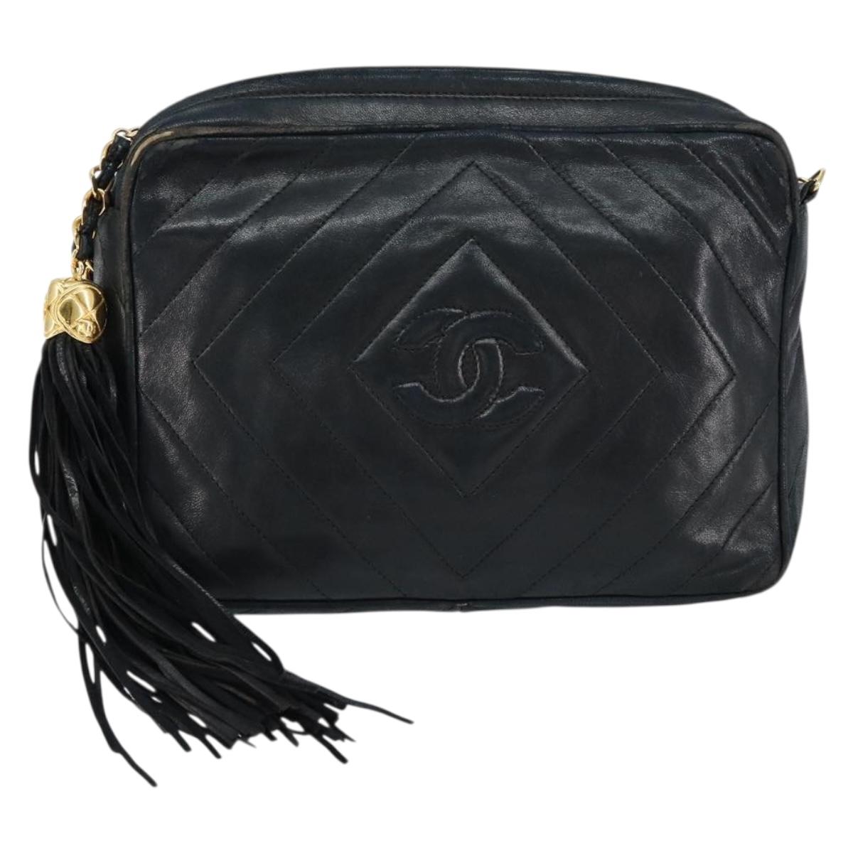 CHANEL Chain Shoulder Bag Lamb Skin Black Gold CC Auth BA7827