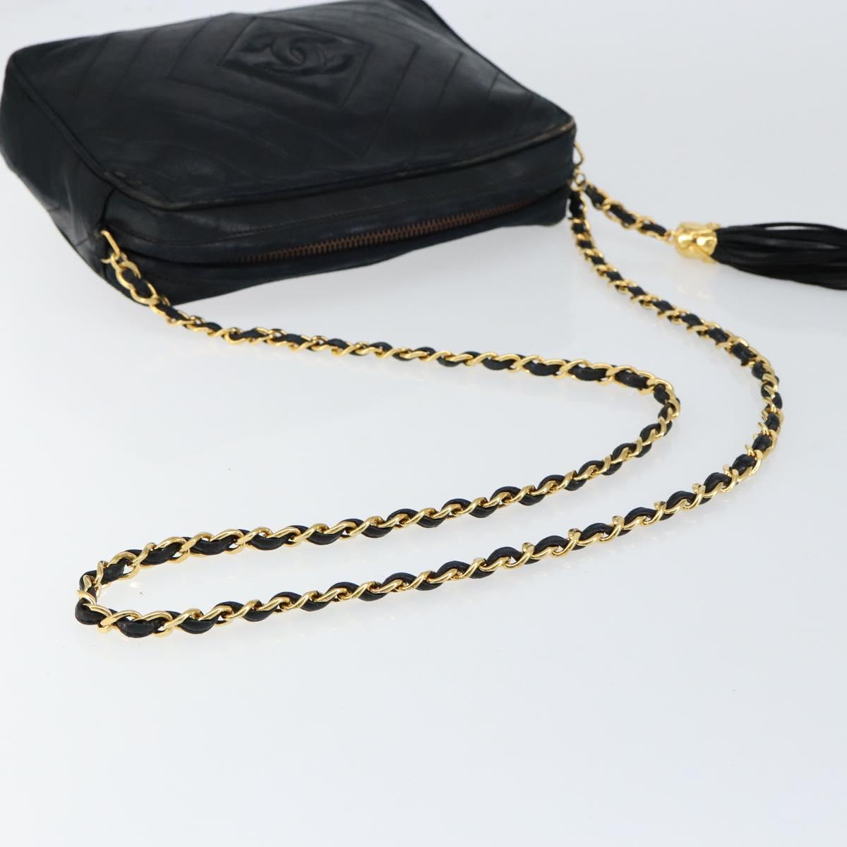 CHANEL Chain Shoulder Bag Lamb Skin Black Gold CC Auth BA7827