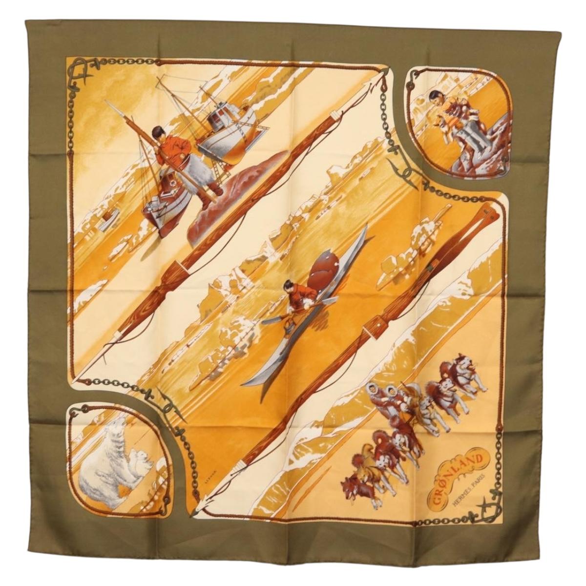 HERMES Carre 90 Scarf Silk ""GRONLAND"" Khaki Auth BA7838