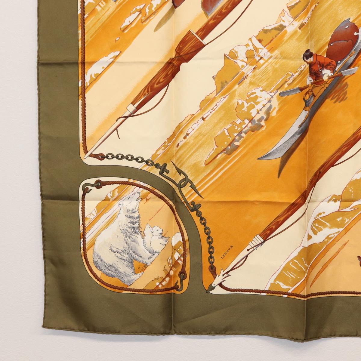 HERMES Carre 90 Scarf Silk ""GRONLAND"" Khaki Auth BA7838