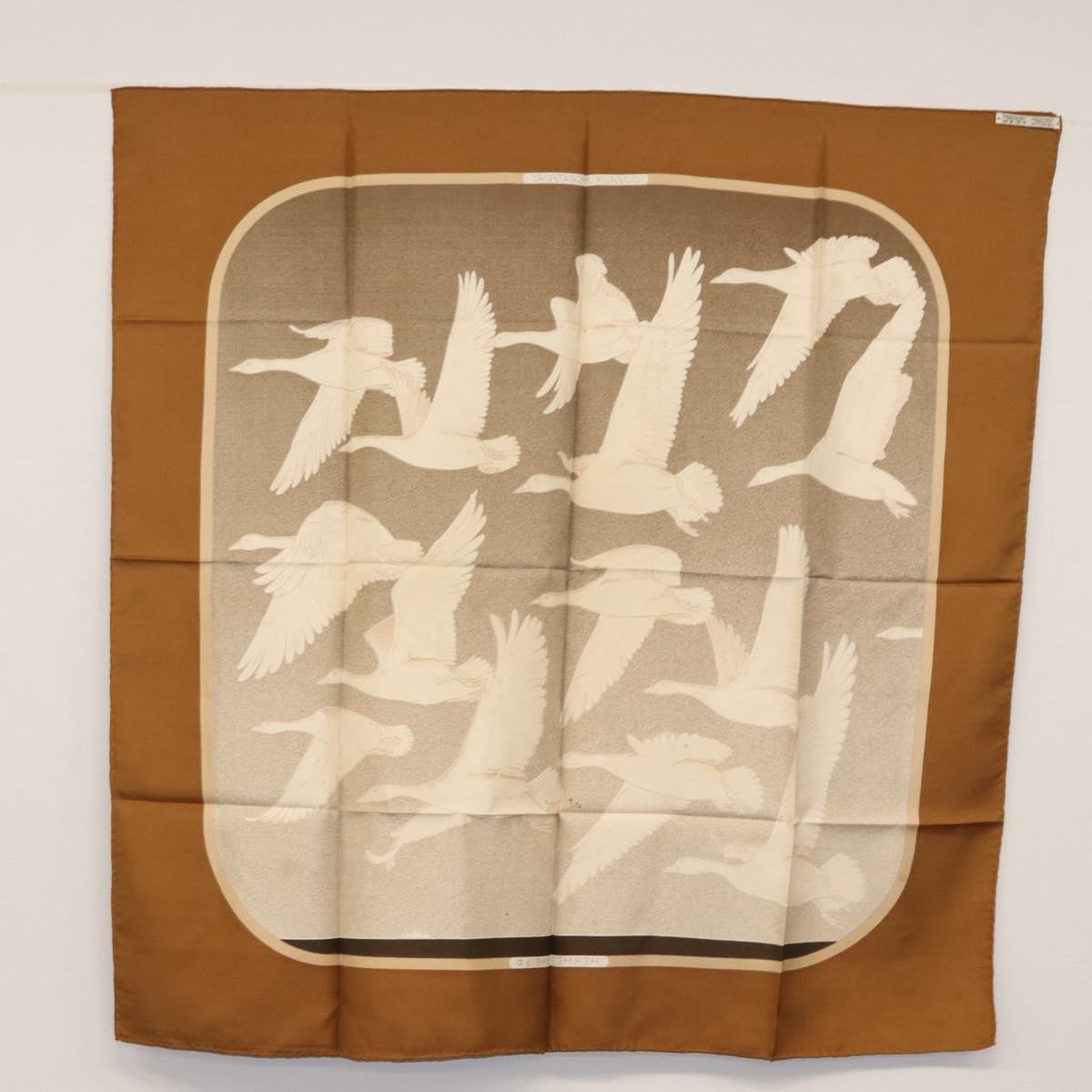 HERMES Carre 90 Scarf Silk ""OISEAUX MIGRATEURS"" Brown Auth BA7840