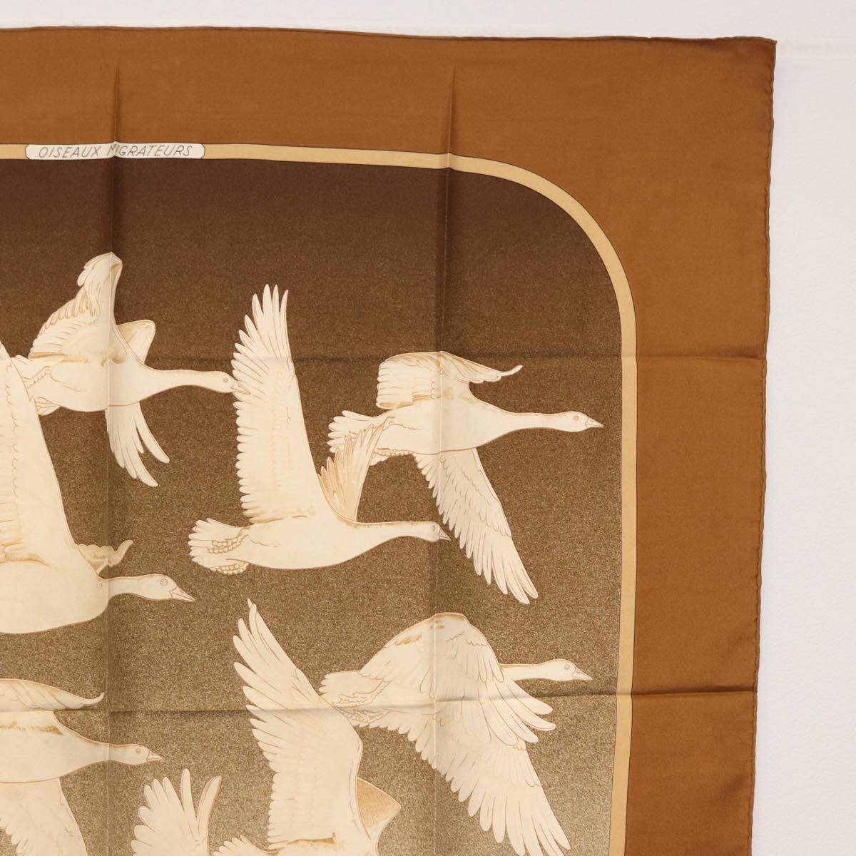 HERMES Carre 90 Scarf Silk ""OISEAUX MIGRATEURS"" Brown Auth BA7840
