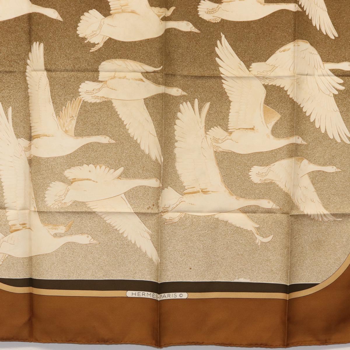 HERMES Carre 90 Scarf Silk ""OISEAUX MIGRATEURS"" Brown Auth BA7840