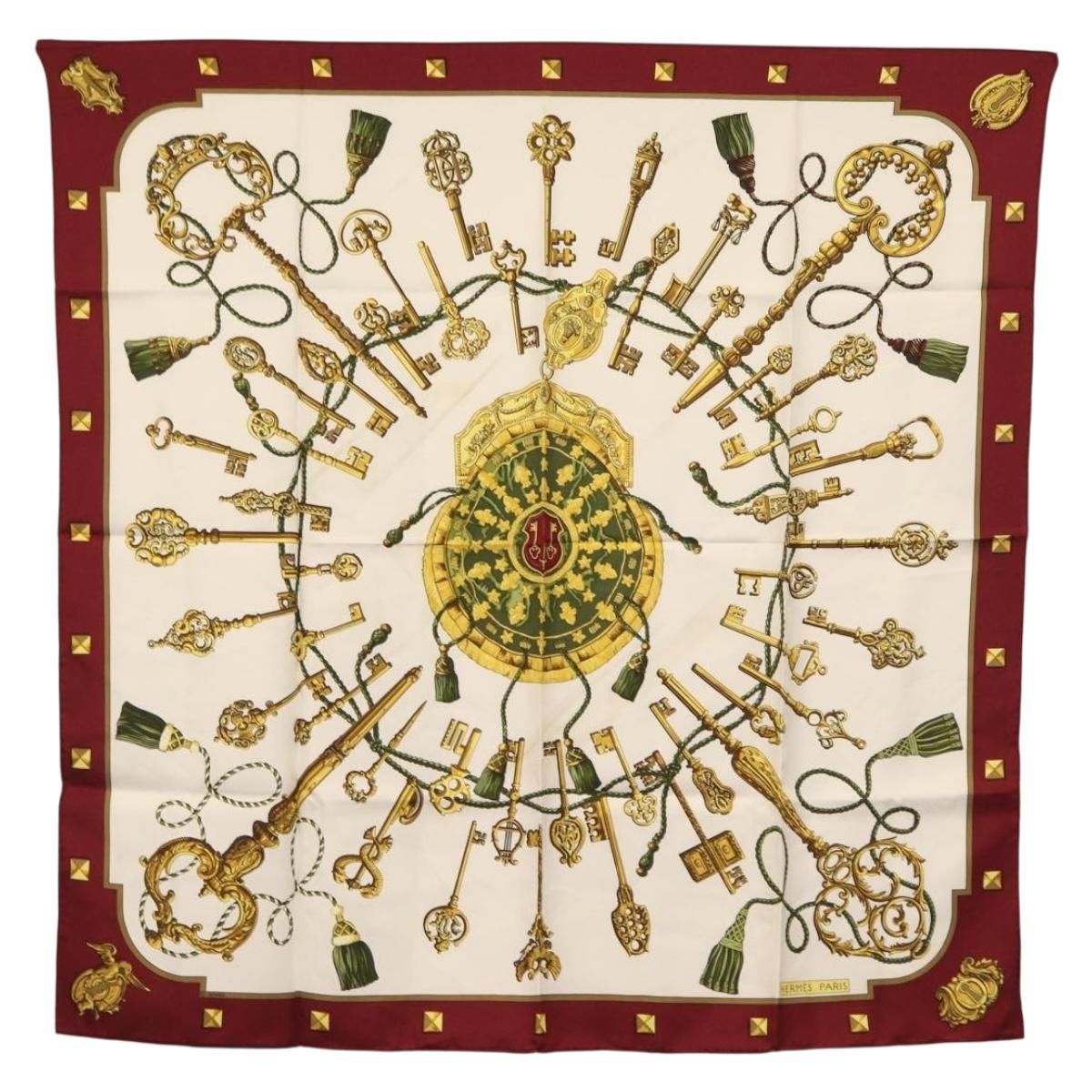 HERMES Carre 90 Scarf Silk ""Les Clés"" Bordeaux Auth BA7841