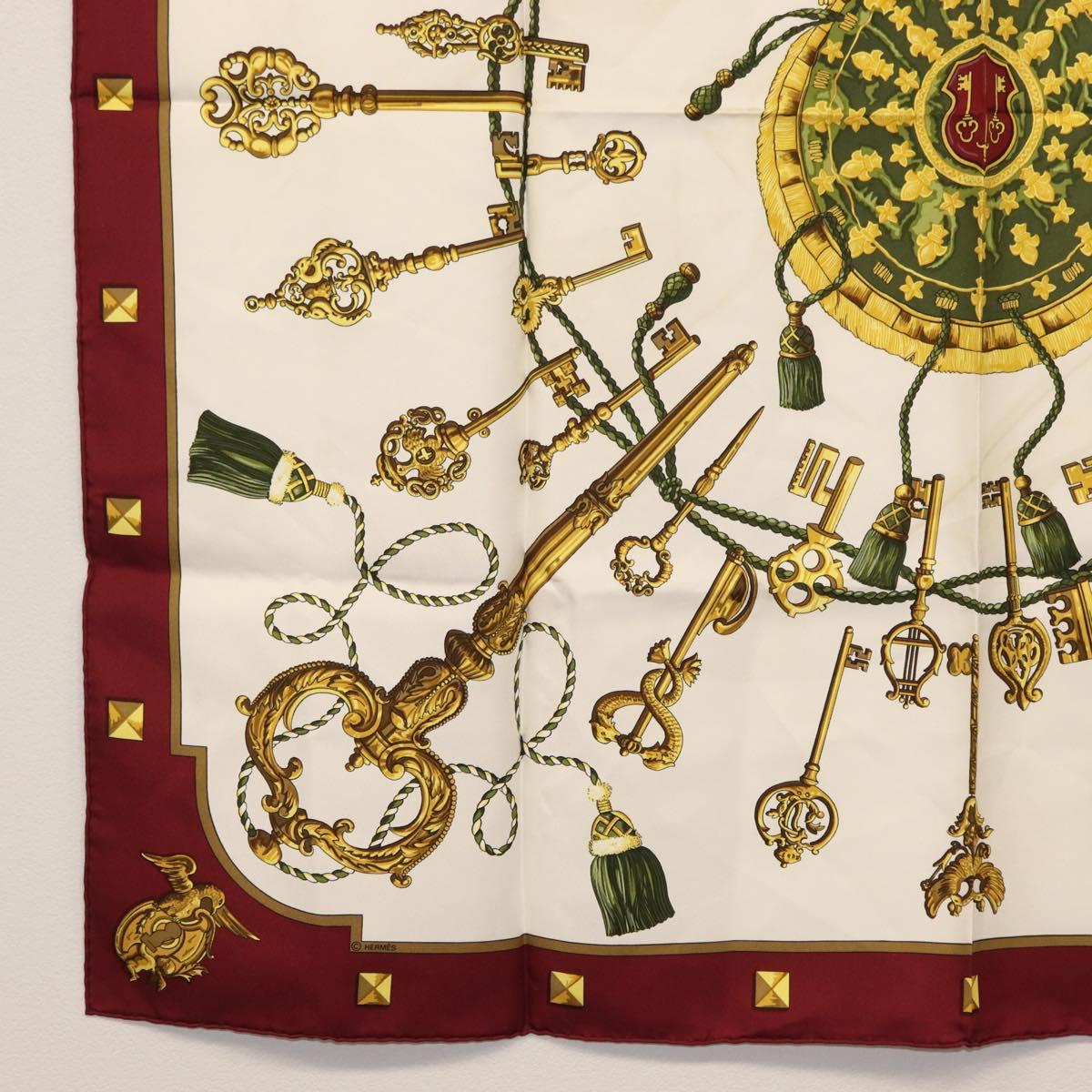 HERMES Carre 90 Scarf Silk ""Les Clés"" Bordeaux Auth BA7841