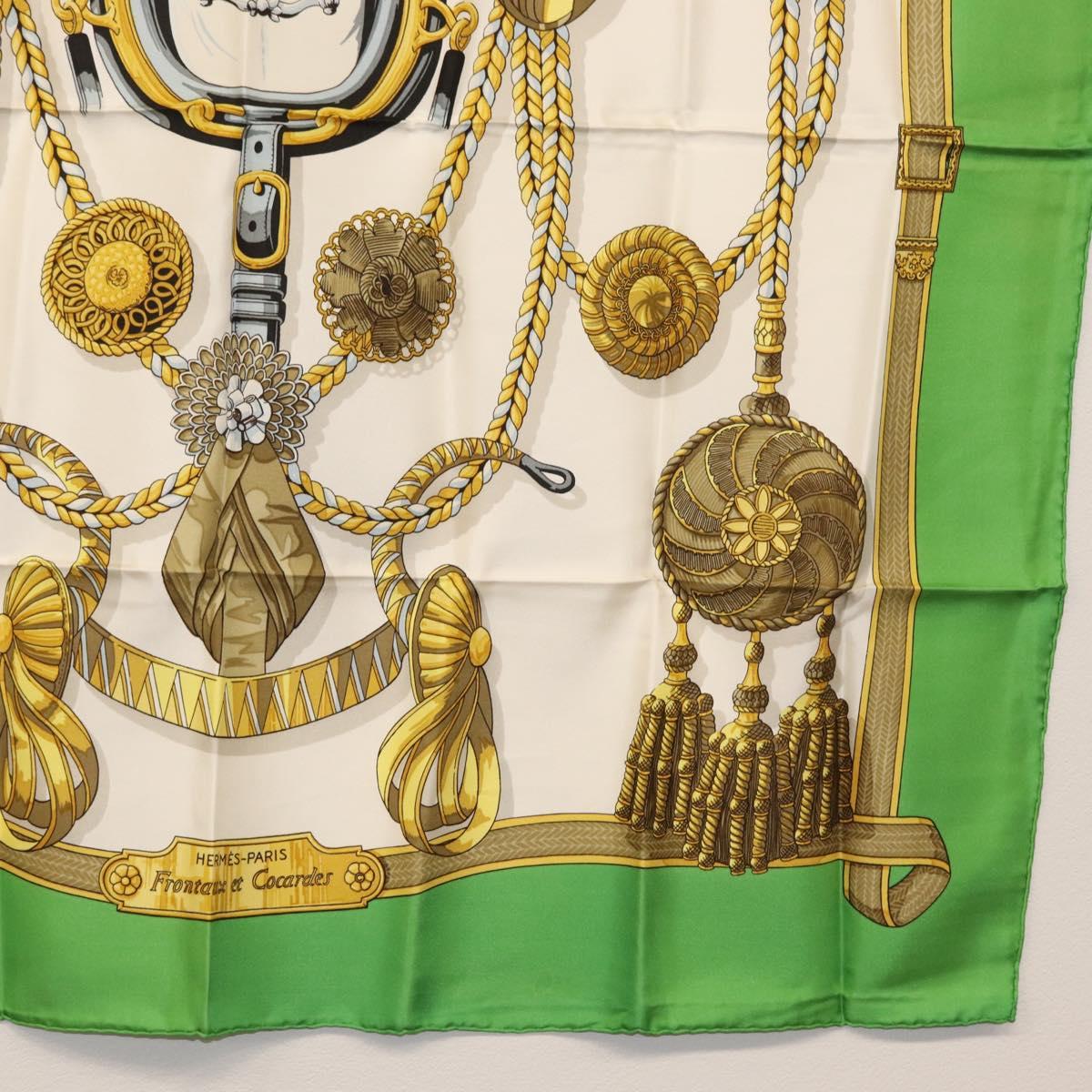 HERMES Carre 90 Scarf Silk ""Frontaux et cocardes"" Green Auth BA7842