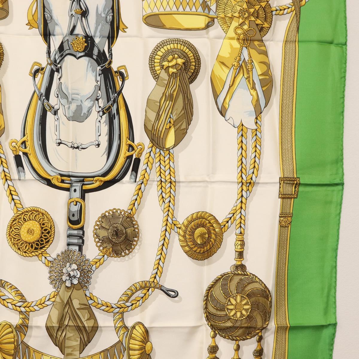 HERMES Carre 90 Scarf Silk ""Frontaux et cocardes"" Green Auth BA7842