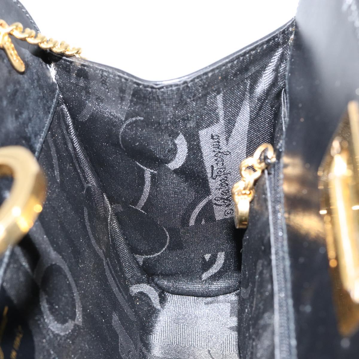 Salvatore Ferragamo Gancini Chain Shoulder Bag Leather Black Gold Auth BA7978
