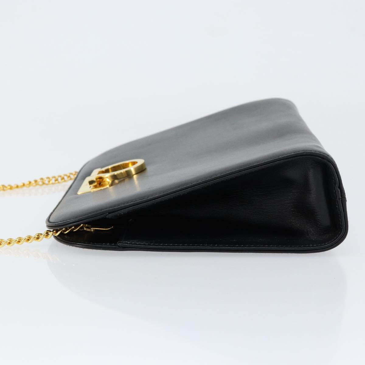 Salvatore Ferragamo Gancini Chain Shoulder Bag Leather Black Gold Auth BA7978