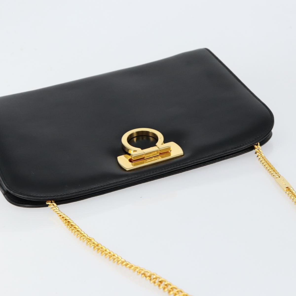 Salvatore Ferragamo Gancini Chain Shoulder Bag Leather Black Gold Auth BA7978