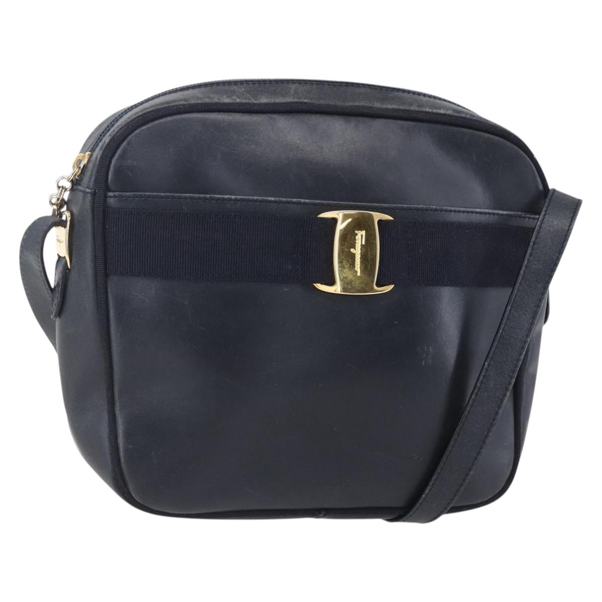 Salvatore Ferragamo Vala Shoulder Bag Leather Navy Gold Auth BA7981