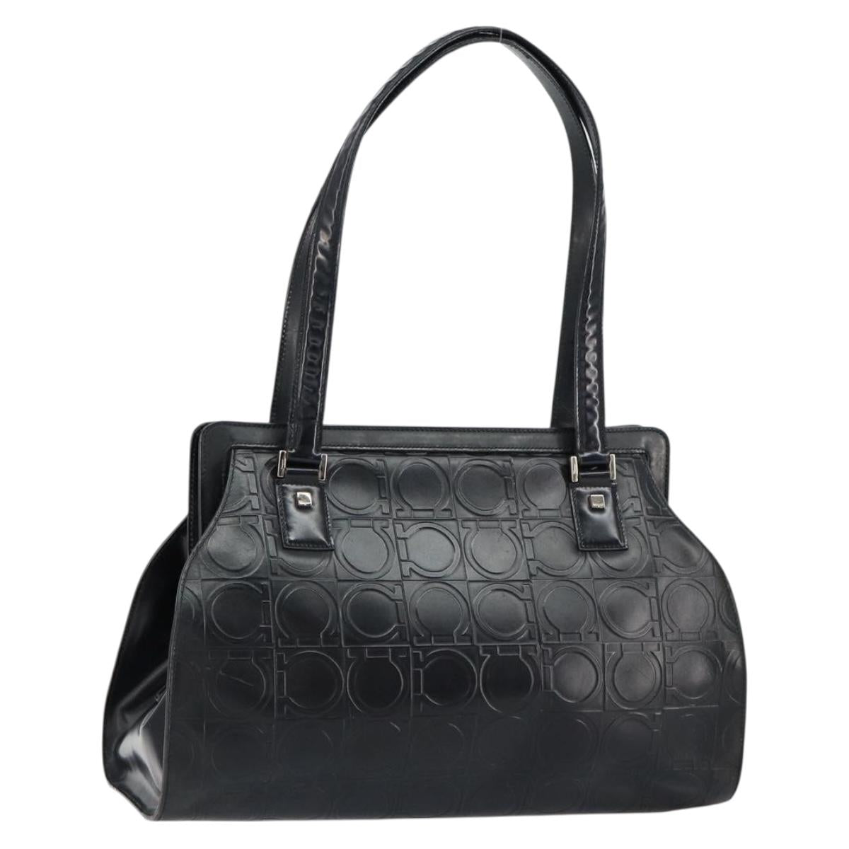 Salvatore Ferragamo Gancini Tote Bag Leather Black Silver Auth BA7983