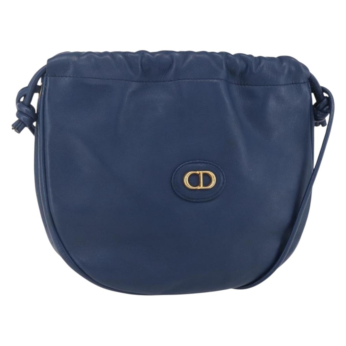 Christian Dior Shoulder Bag Leather Blue Gold Auth BA7999