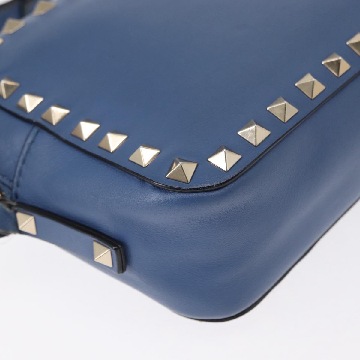 VALENTINO Studs Chain Shoulder Bag Leather Blue Gold Auth BA8011