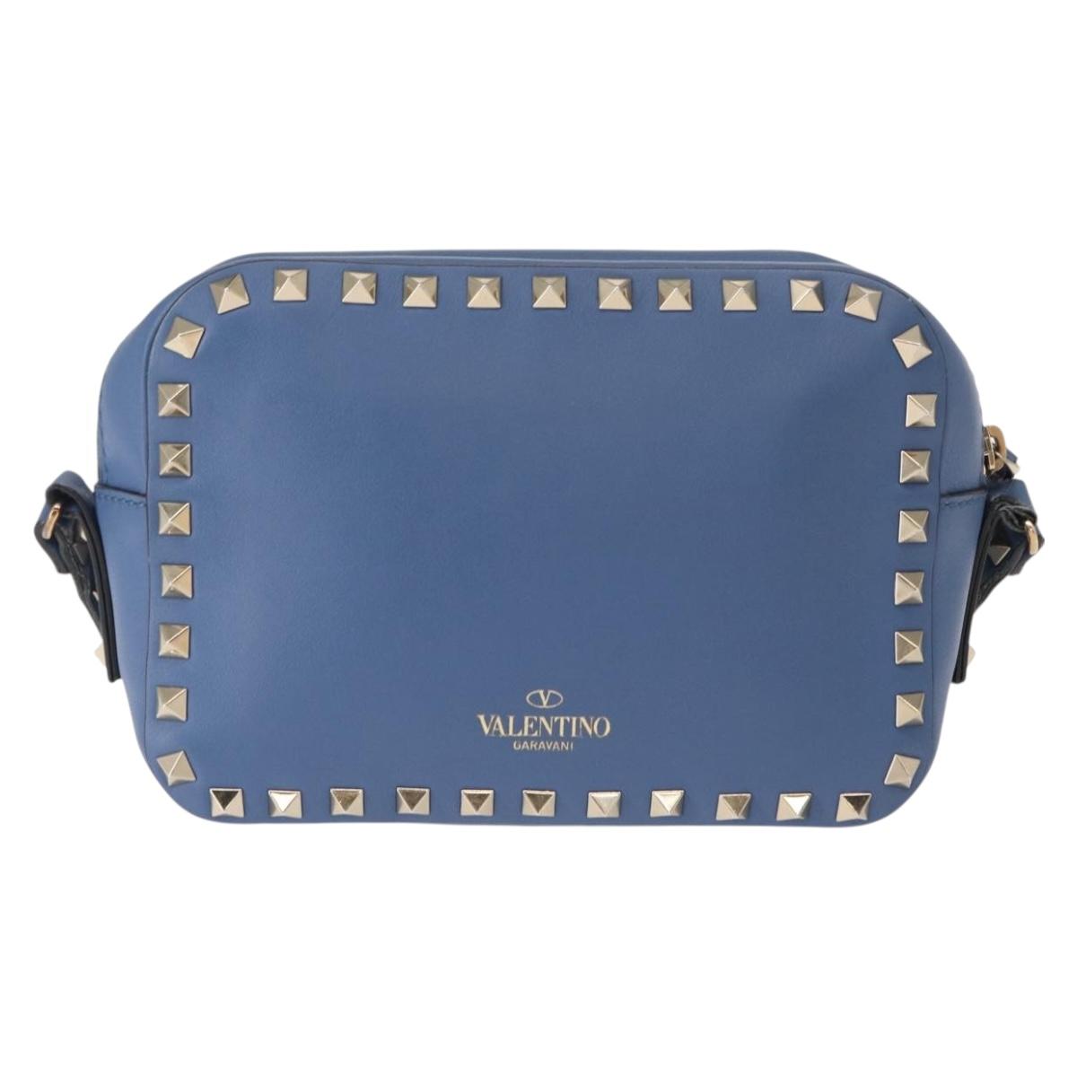 VALENTINO Studs Chain Shoulder Bag Leather Blue Gold Auth BA8011