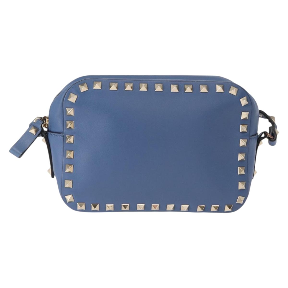 VALENTINO Studs Chain Shoulder Bag Leather Blue Gold Auth BA8011