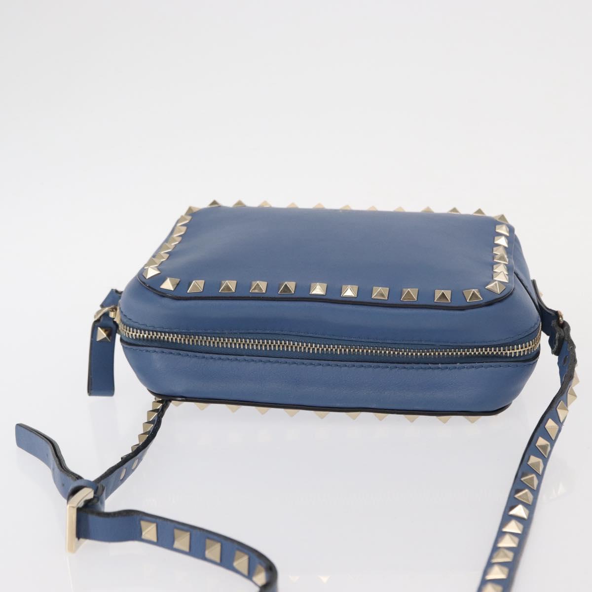 VALENTINO Studs Chain Shoulder Bag Leather Blue Gold Auth BA8011
