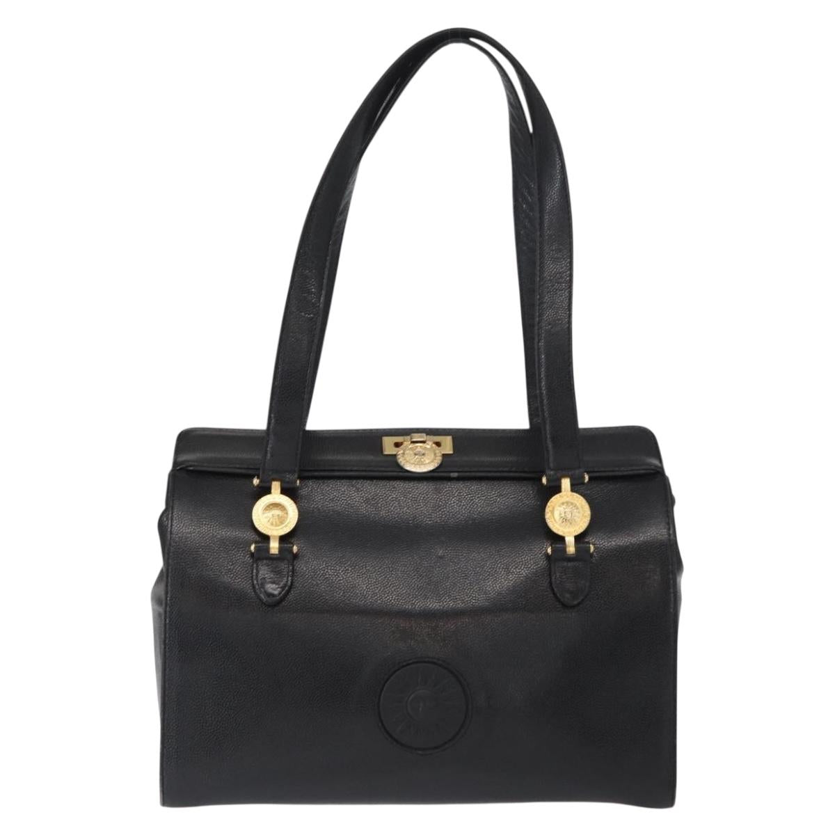 VERSACE Tote Bag Leather Black Gold Auth BA8013