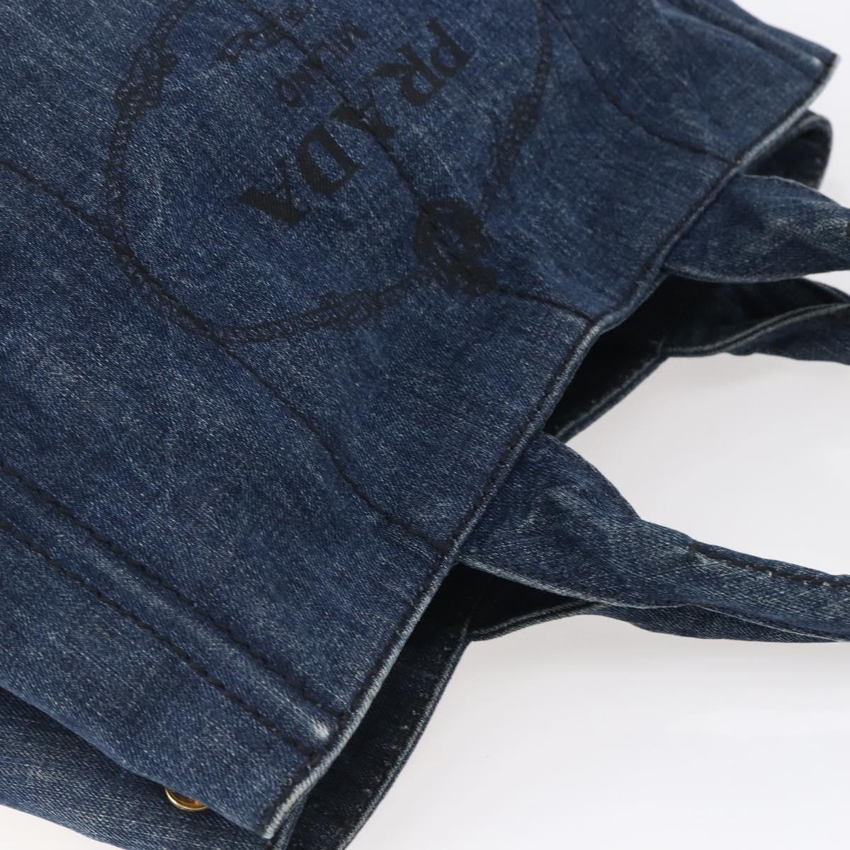 PRADA Canapa MM Hand Bag Denim Blue Gold Auth BA8018