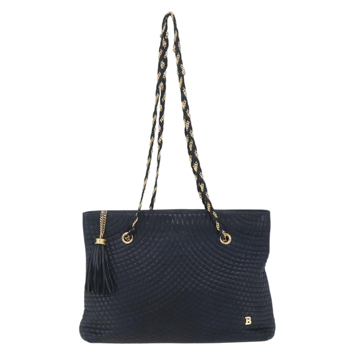 BALLY Quilted Chain Shoulder Bag Leather Navy Gold Auth BA8025