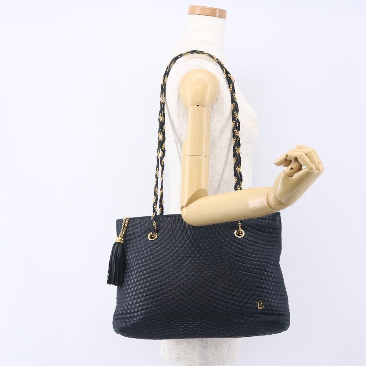 BALLY Quilted Chain Shoulder Bag Leather Navy Gold Auth BA8025