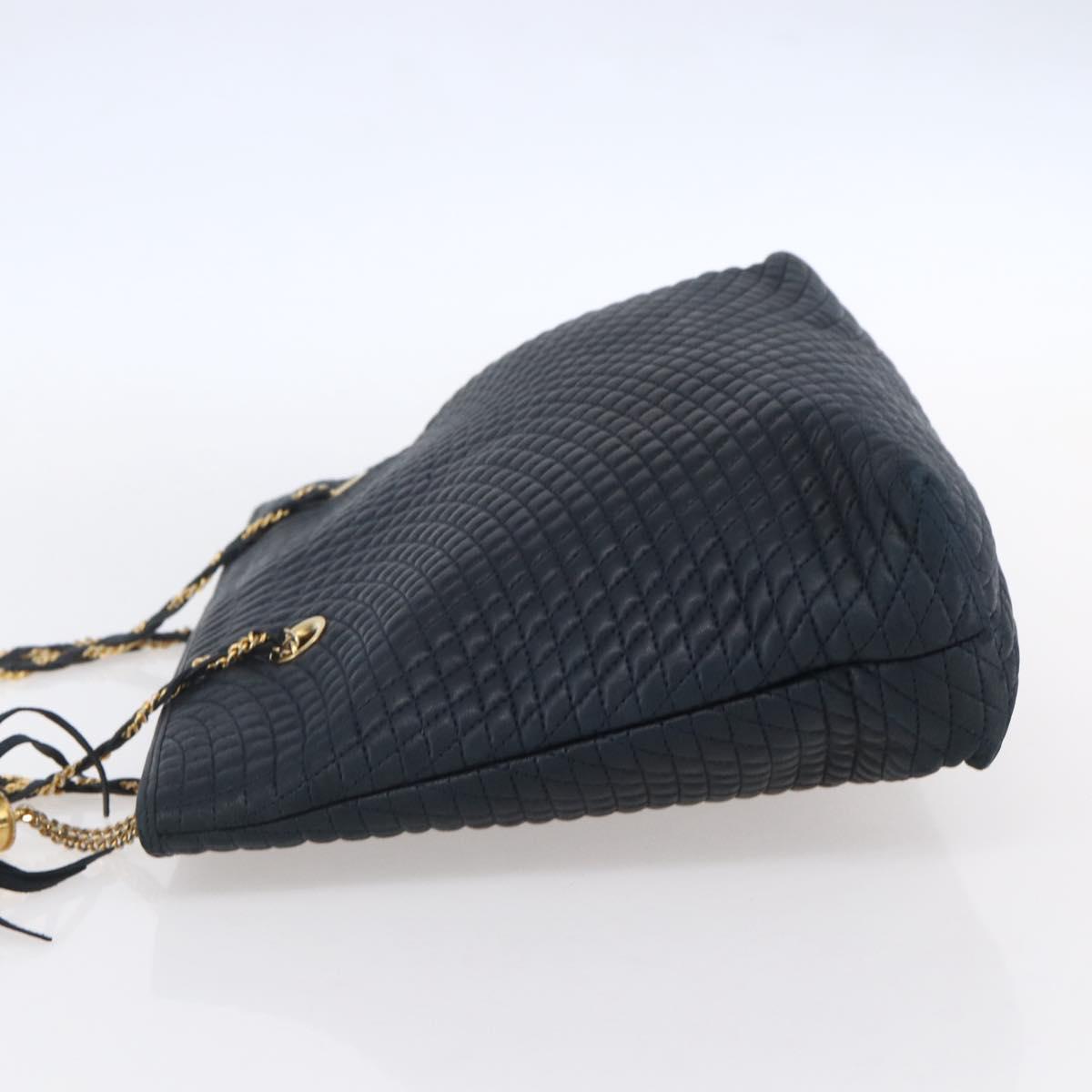 BALLY Quilted Chain Shoulder Bag Leather Navy Gold Auth BA8025