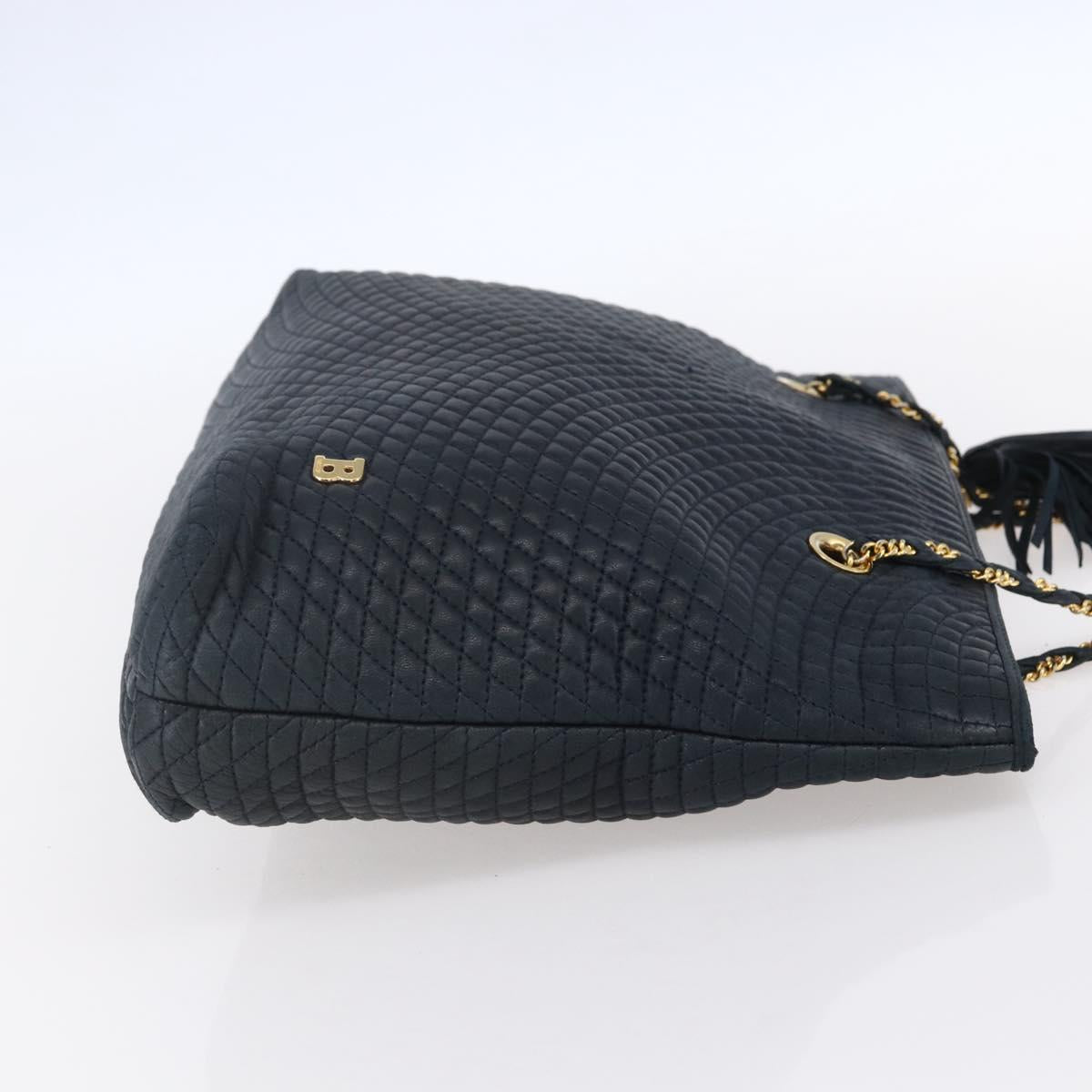 BALLY Quilted Chain Shoulder Bag Leather Navy Gold Auth BA8025