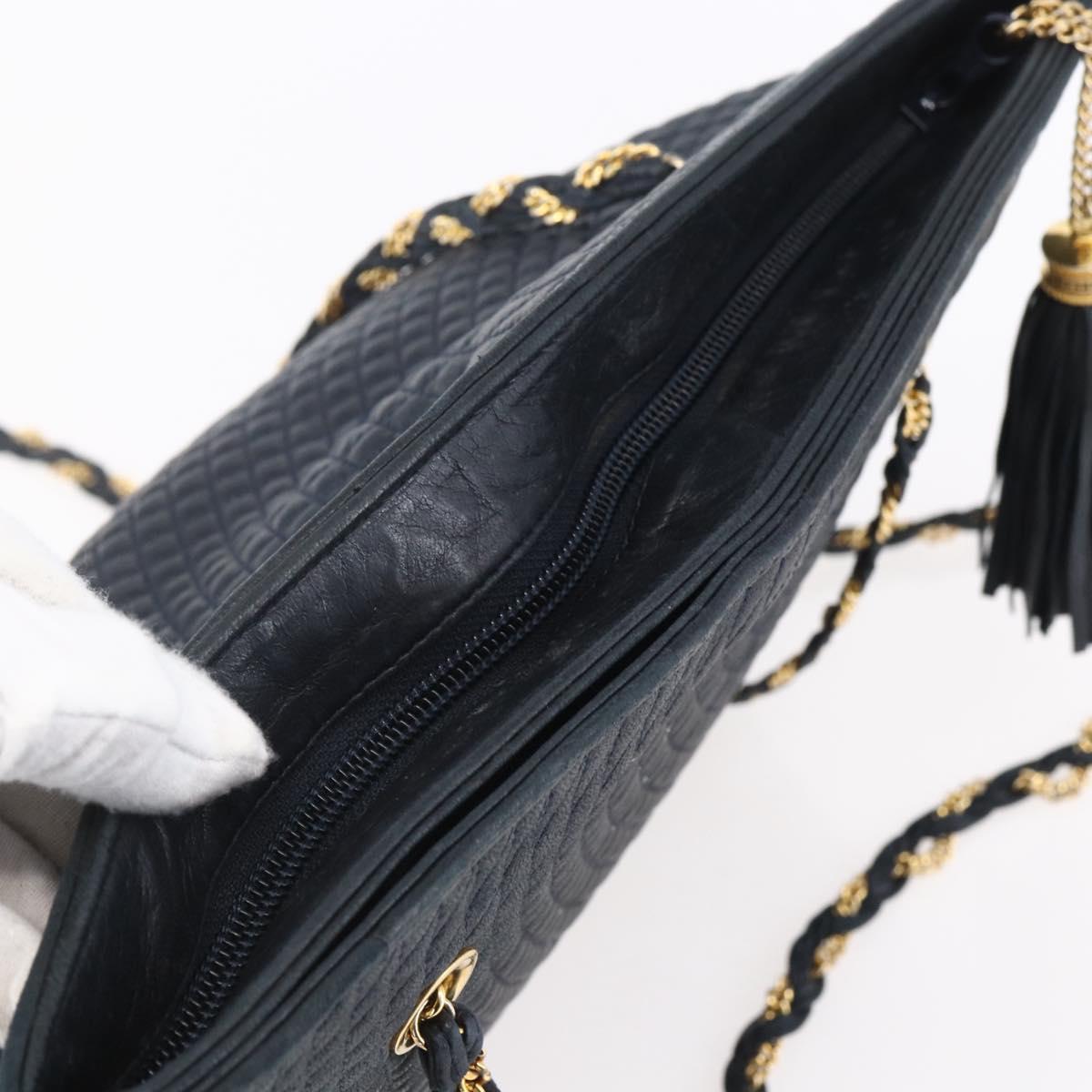 BALLY Quilted Chain Shoulder Bag Leather Navy Gold Auth BA8025