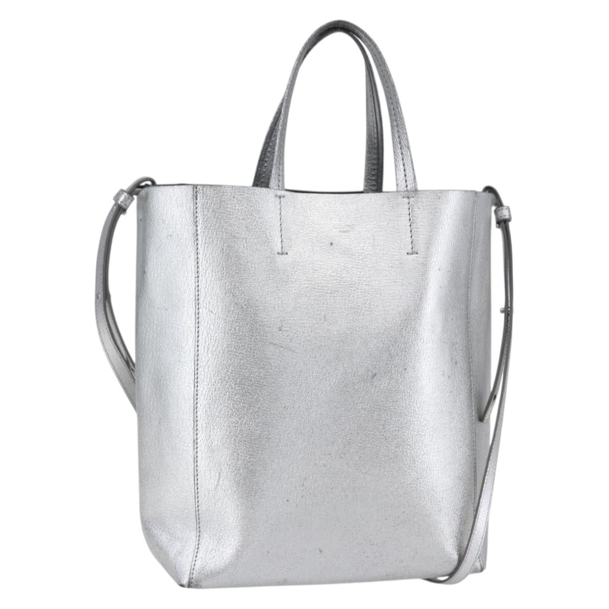 CELINE Hand Bag Leather 2way White Silver Auth BA8030
