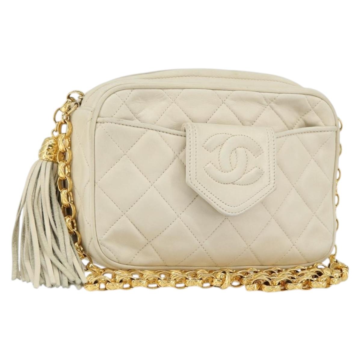 CHANEL Matelasse Chain Shoulder Bag Lamb Skin Beige Gold CC Auth BA8033