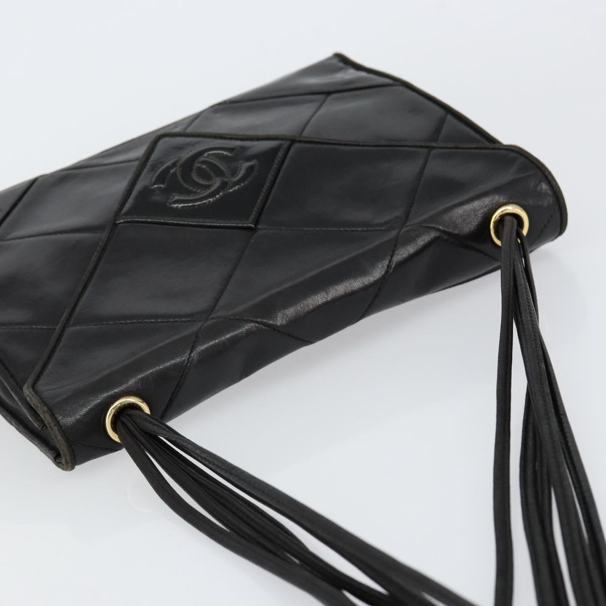 CHANEL Matelasse Shoulder Bag Lamb Skin Black Gold CC Auth BA8034