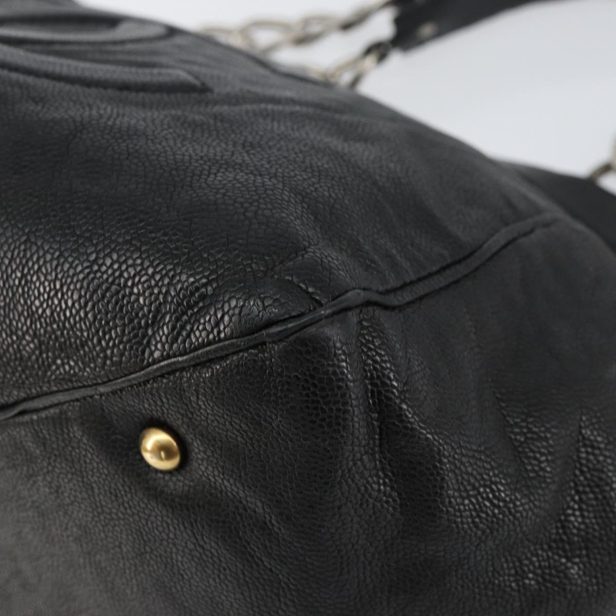 CHANEL Chain Tote Bag Caviar Skin Black Silver CC Auth BA8036