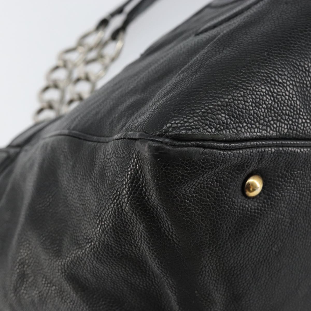 CHANEL Chain Tote Bag Caviar Skin Black Silver CC Auth BA8036