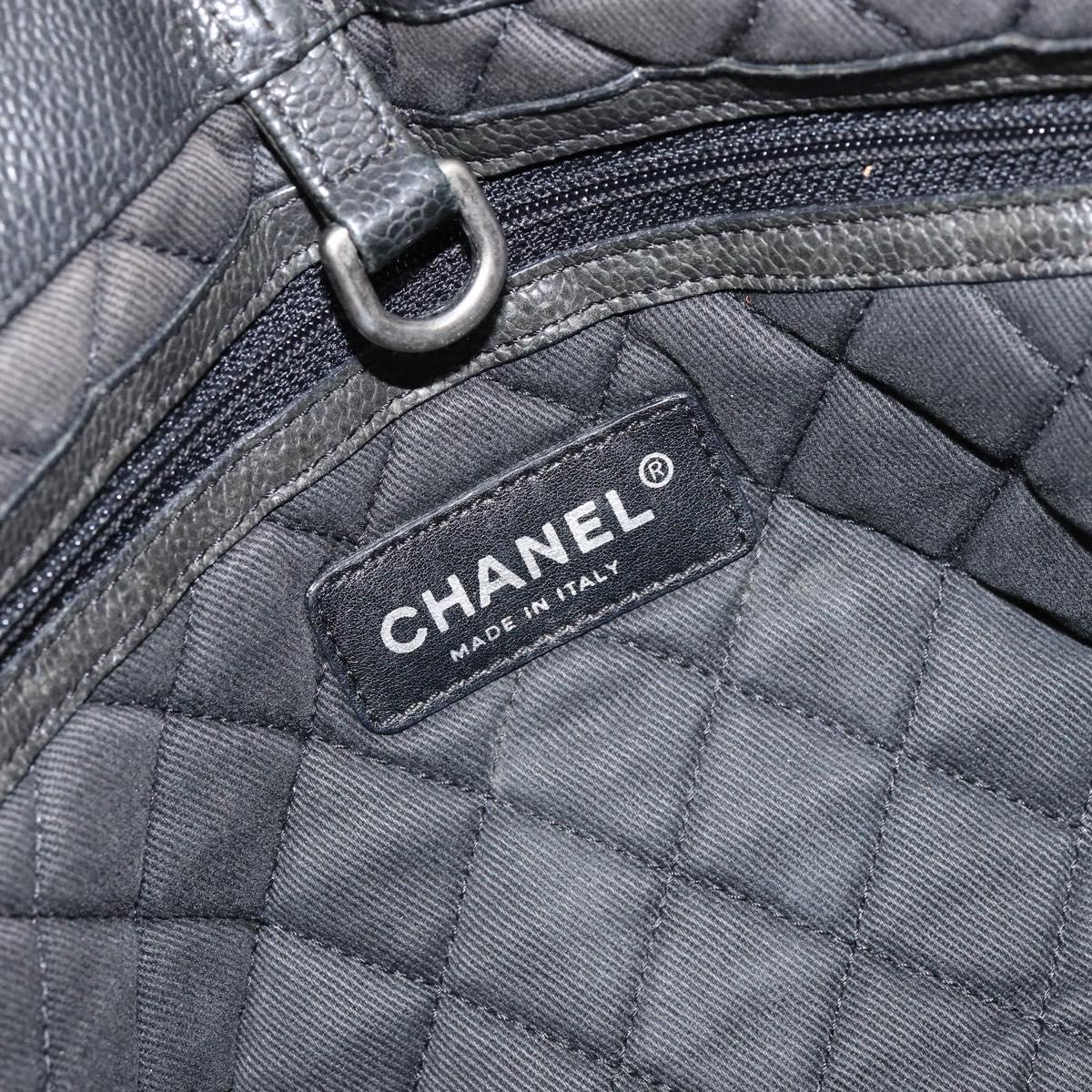 CHANEL Chain Tote Bag Caviar Skin Black Silver CC Auth BA8036
