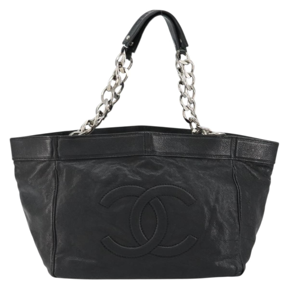 CHANEL Chain Tote Bag Caviar Skin Black Silver CC Auth BA8036