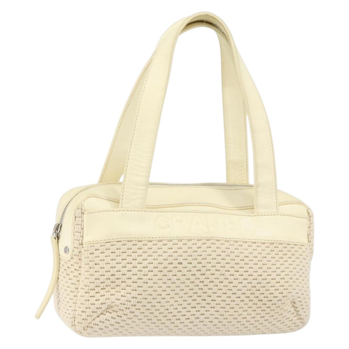 CHANEL Tote Bag Canvas Leather White Silver CC Auth BA8037
