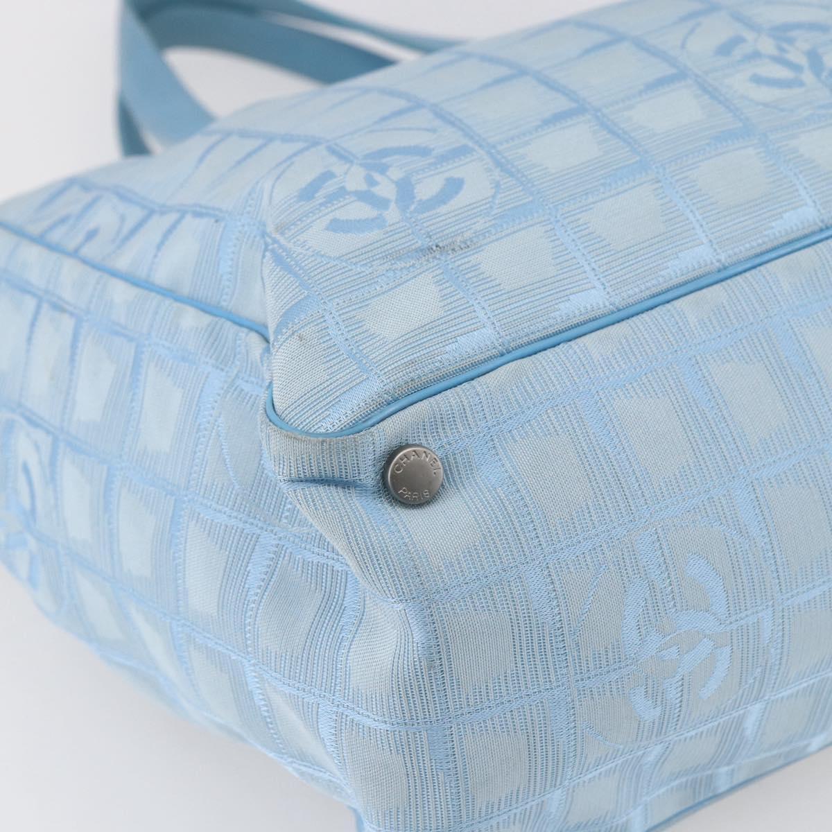 CHANEL New Travel Line Tote Bag Nylon Light Blue Silver CC Auth BA8038