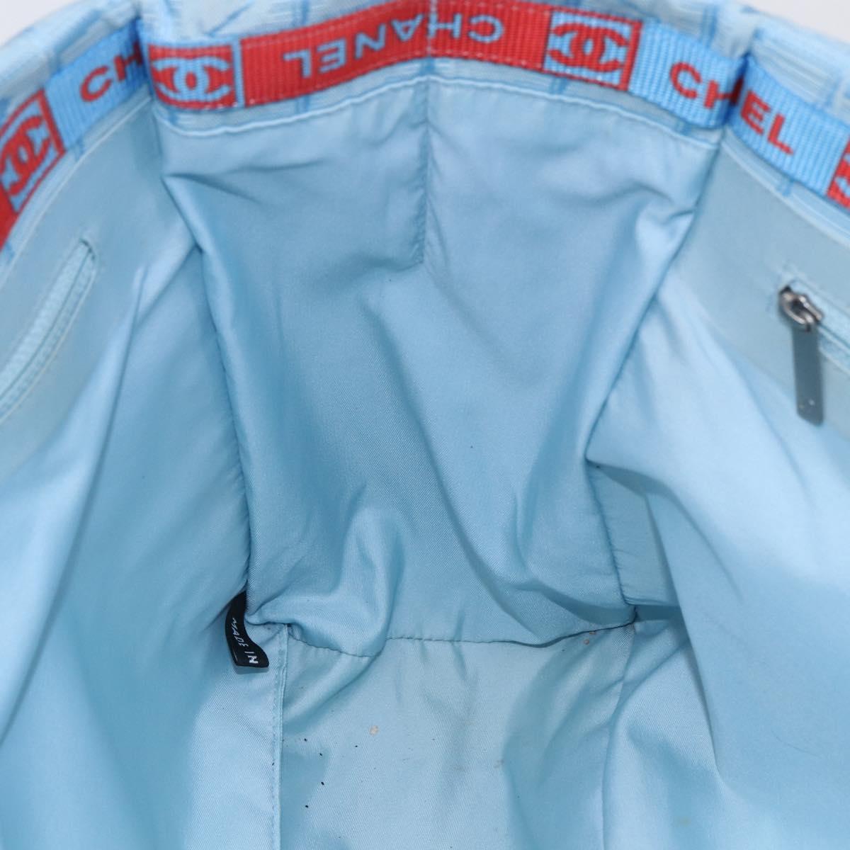 CHANEL New Travel Line Tote Bag Nylon Light Blue Silver CC Auth BA8038