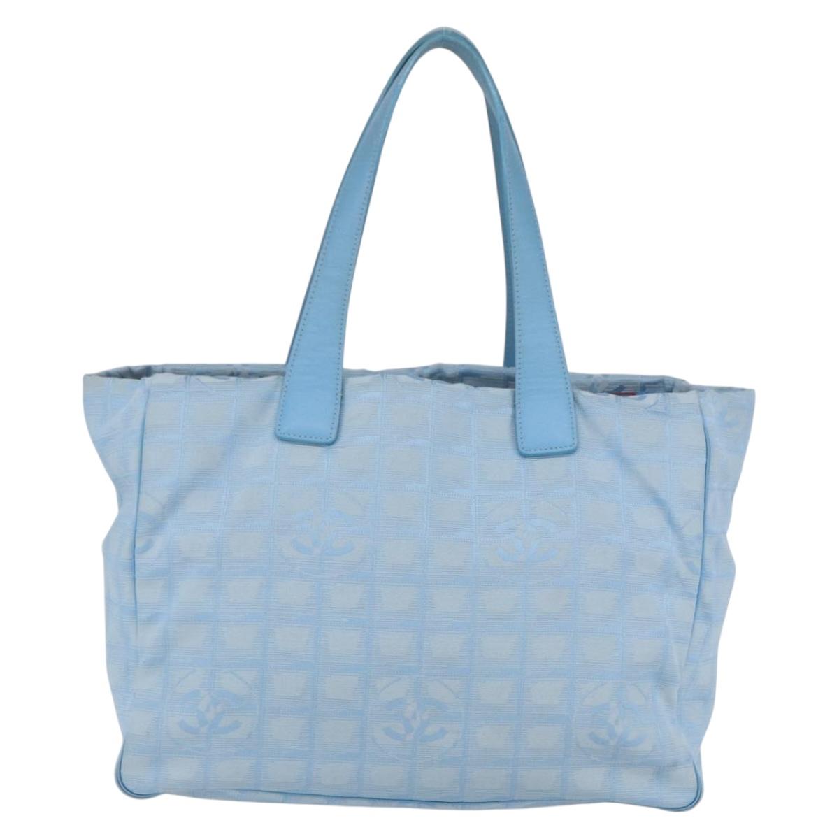CHANEL New Travel Line Tote Bag Nylon Light Blue Silver CC Auth BA8038