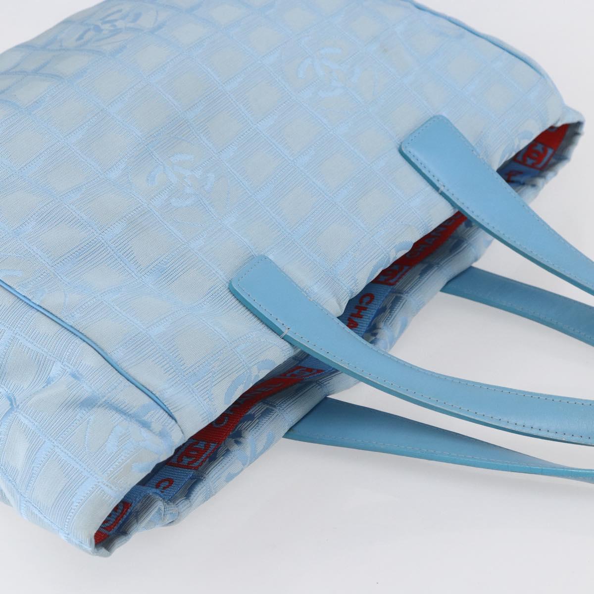 CHANEL New Travel Line Tote Bag Nylon Light Blue Silver CC Auth BA8038