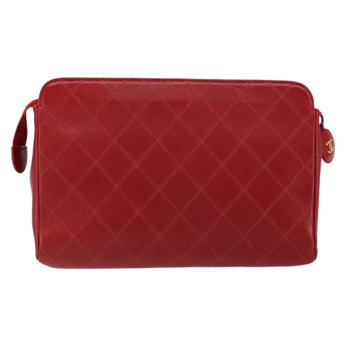 CHANEL Bicolore Clutch Bag Lamb Skin Red Gold CC Auth BA8040