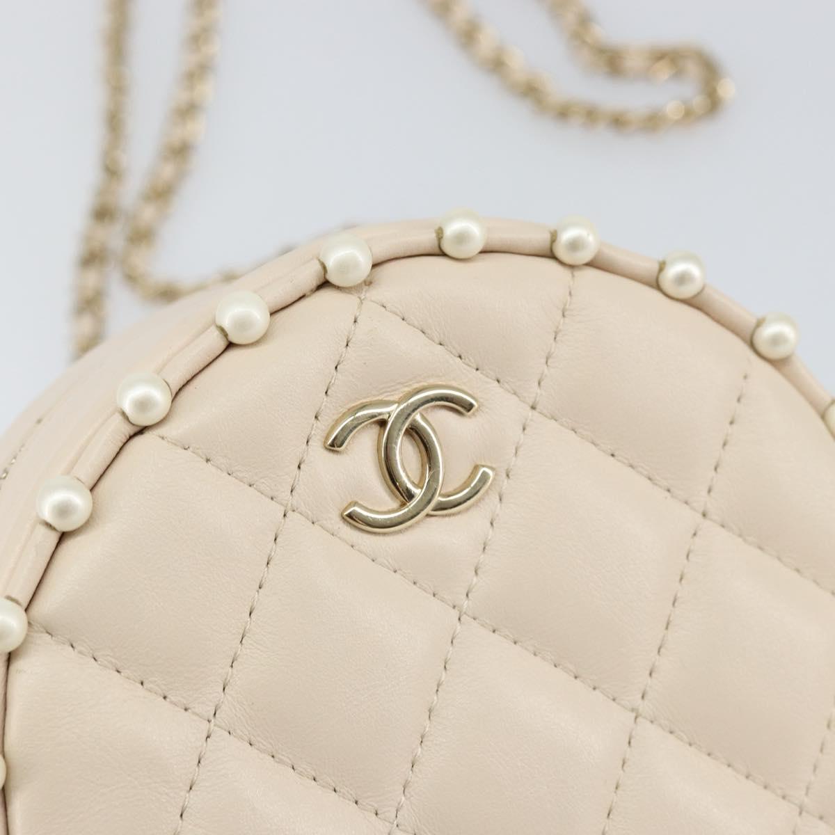 CHANEL Matelasse Chain Shoulder Bag Lamb Skin Beige Gold CC Auth BA8041