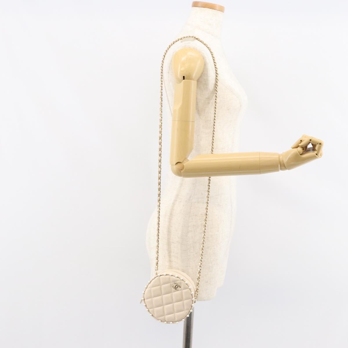 CHANEL Matelasse Chain Shoulder Bag Lamb Skin Beige Gold CC Auth ba8041M
