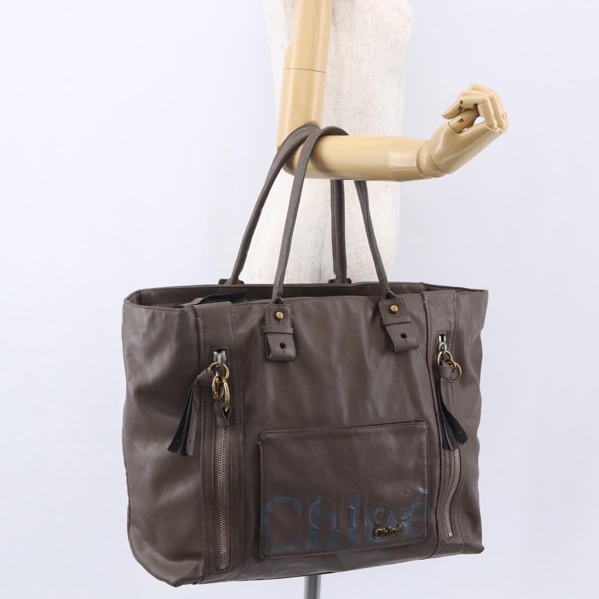 Chloe Eclipse Tote Bag Leather Beige Brown Auth BA8056