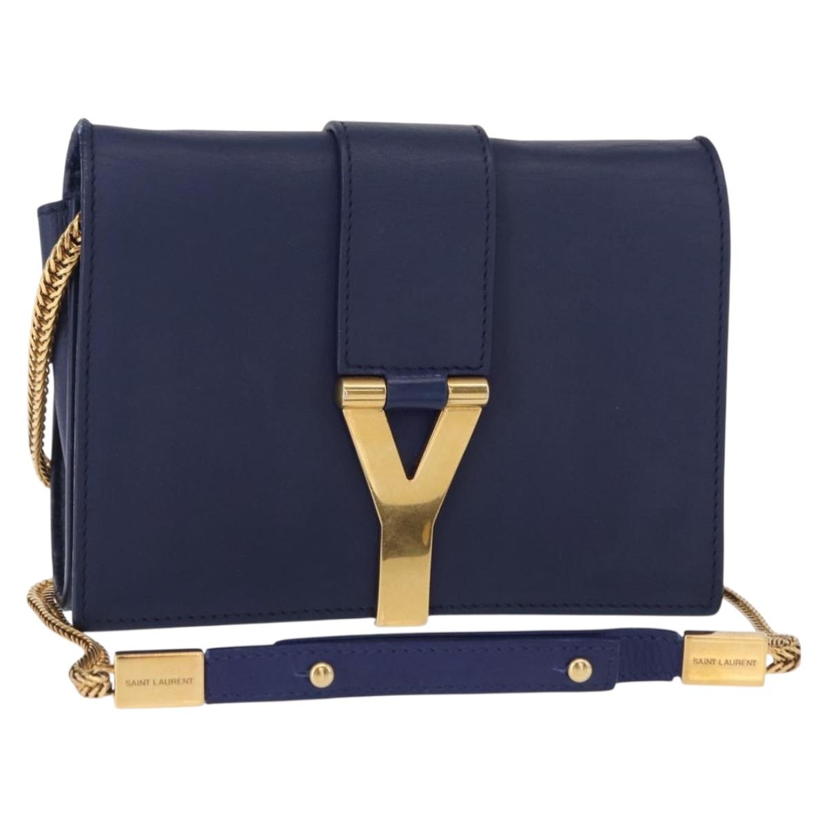 SAINT LAURENT Y Line Chain Satchel Small Bag Leather Blue Gold Auth BA8058