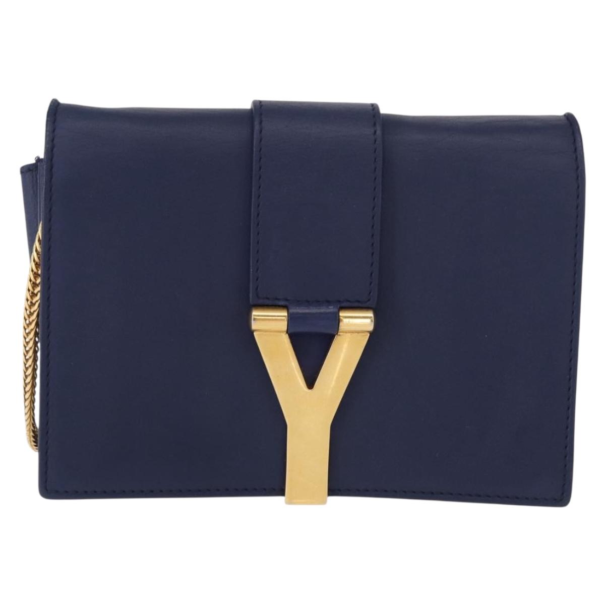 SAINT LAURENT Y Line Chain Satchel Small Bag Leather Blue Gold Auth BA8058